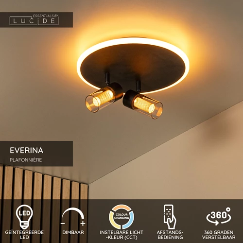 Lucide EVERINA - Plafonnière - Ø 30 cm - LED Dimb. - CCT - 2200K/6500K - Zwart | Essential - USP